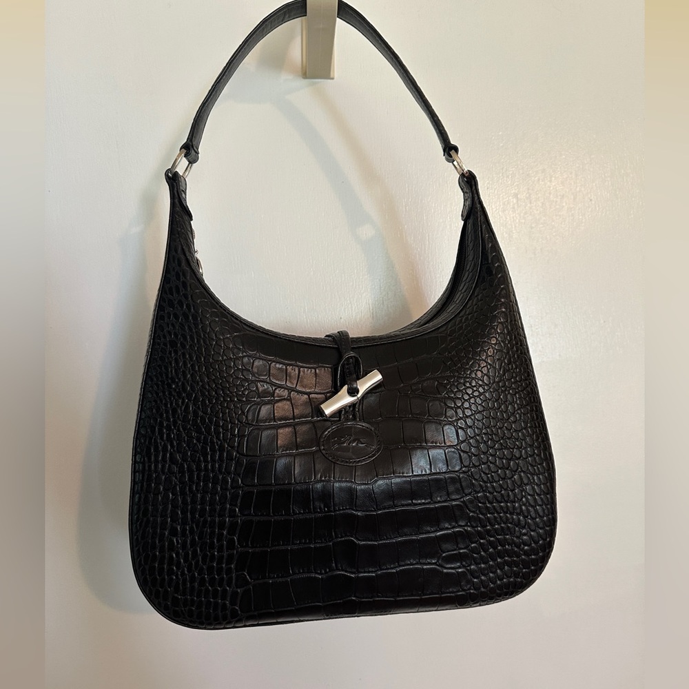 Longchamp Black Croc Print Handbag